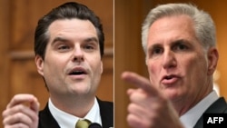 (COMBO) This combination of file pictures created on October 3, 2023 shows US Republican Representative Matt Gaetz (L) of Florida on Capitol Hill in Washington, DC, September 20, 2023 and US House Speaker Kevin McCarthy (R-CA) at the US Capitol in Washing