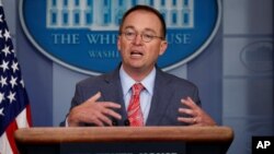 White House chief of staff Mick Mulvaney announces that the G7 will be held at Trump National Doral, Oct. 17, 2019, in Washington.