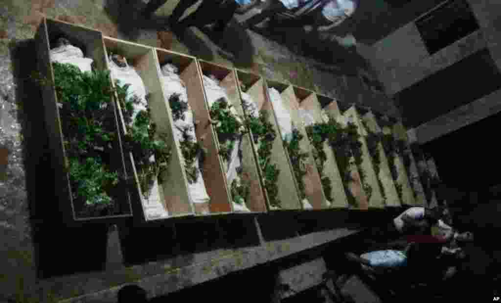 This citizen journalism image provided by Shaam News Network shows bodies of Syrians killed in the suburb of Daraya, Damascus, Syria, July 24, 2012.