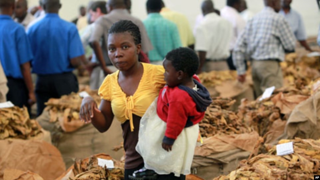 A woman and her baby walk past bags of tobacco early in the selling season in Harare. Zimbabwe thrived on tobacco and other farm exports until the government-instigated seizures, often violent, of white-owned commercial farms starting in 2000, (File)
