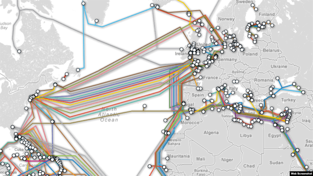 Undersea fiber optic cables carry the bulk of intercontinental Internet traffic. (Courtesy Telegeography.com)