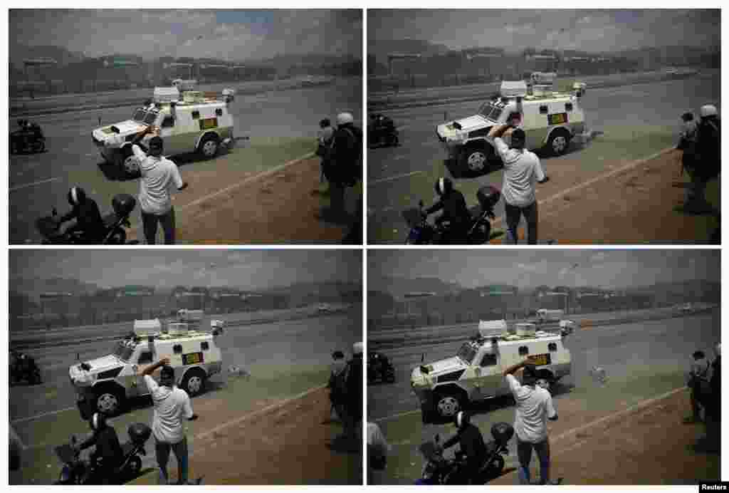 A combination photo of an opposition demonstrator being run over by a Venezuelan National Guard (GNB) vehicle on a street near the Generalisimo Francisco de Miranda Airbase &quot;La Carlota&quot; in Caracas.