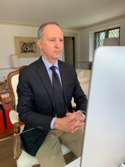 Armando Varricchio, Italy's ambassador to the United States, is photographed while taking part in a virtual discussion organized by the Meridian Center, April 2, 2020. (Italian Embassy photo)