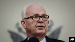 U.S. top envoy on Pyongyang, Stephen Bosworth appears for a short statement outside the U.S. mission in Geneva, Switzerland, Tuesday, Oct 25, 2011.