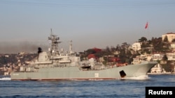 FILE - The Russian Navy's large landing ship Caesar Kunikov sets sail in the Bosphorus, on its way to the Mediterranean Sea, in Istanbul, Turkey, March 4, 2020. Ukraine's military said it destroyed the ship on Feb. 14, 2024.