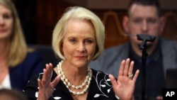 FILE - Cindy McCain, wife of former Arizona Sen. John McCain, waves at the Capitol in Phoenix, Jan. 13, 2020.