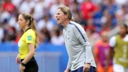 United States coach Jill Ellis shouts instructions during the Women's World Cup final soccer match between US and The Netherlands at the Stade de Lyon in Decines, outside Lyon, France, July 7, 2019.
