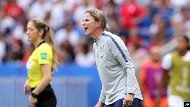 United States coach Jill Ellis shouts instructions during the Women's World Cup final soccer match between US and The Netherlands at the Stade de Lyon in Decines, outside Lyon, France, July 7, 2019.