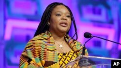 FILE - Nobel Peace Prize laureate Leymah Gbowee speaks at a conference, Nov. 19, 2015. Gbowee is the keynote speaker at the War College conference. She led a women's peace movement that helped end Liberia's civil war in 2003.