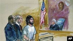 Artist's rendering shows accused White House shooter Oscar Ramiro Ortega-Hernandez (C) before Magistrate Judge Alan Kay (L), at federal court in Washington, November 21, 2011. From left are, U.S. Assistant Attorney George P. Varghese, a public defender Da