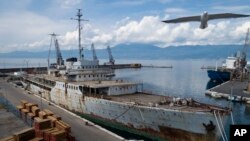 An aerial photo shows a seagull flying over the Galeb (Seagull), the yacht once used by the late president of socialist Yugoslavia Josip Broz Tito, moored in the port of the Adriatic city of Rijeka, Croatia, May 10, 2018. 