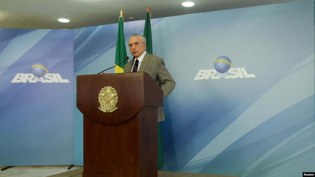FILE - Brazil's President Michel Temer gives a speech about the country's biggest corruption investigation at the Planalto Palace in Brasilia, Brazil Feb. 13, 2017. 