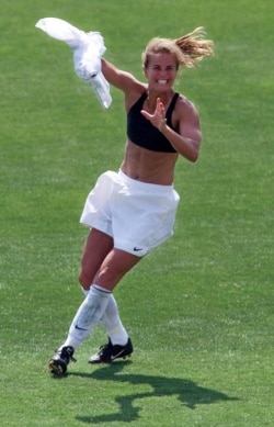 FILE -- Brandi Chastain celebrates her game-winning shootout kick for the U.S. team against China during the Women's World Cup Final at the Rose Bowl in Pasadena, Calif., July 10, 1999.