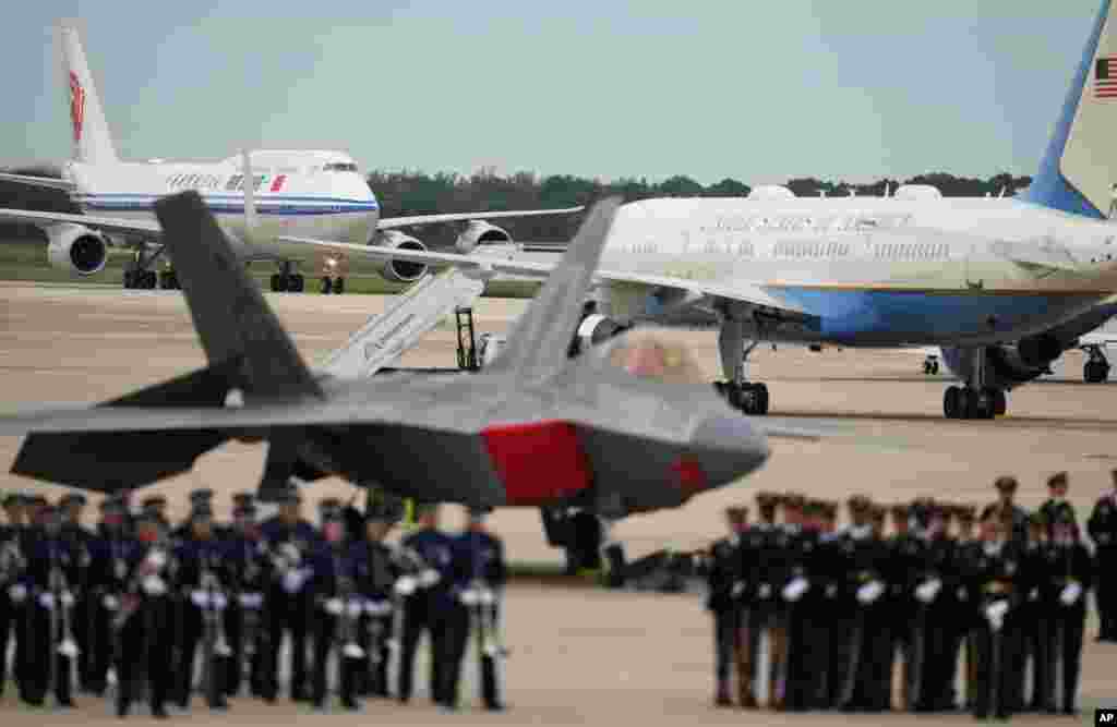 An Air China airplane with Chinese President Xi Jinping and his wife Peng Liyuan aboard, arrives at Joint Base Andrews, Md., Wednesday, Sept. 23, 2026. 