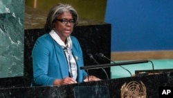 United Nations Ambassador from United States, Linda Thomas-Greenfield, address the U.N. General Assembly, before it voted on a resolution condemning Russia's referendum in Ukraine, Wednesday Oct. 12, 2022