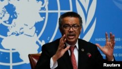 Dirjen WHO Tedros Adhanom Ghebreyesus dalam konferensi pers di Jenewa, Swiss, Rabu (7/2). 