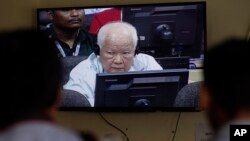 Khieu Samphan, former Khmer Rouge head of state, is seen on screen at the court's press center at the U.N.-backed war crimes tribunal on the outskirts of Phnom Penh, Cambodia, Nov. 16, 2018.