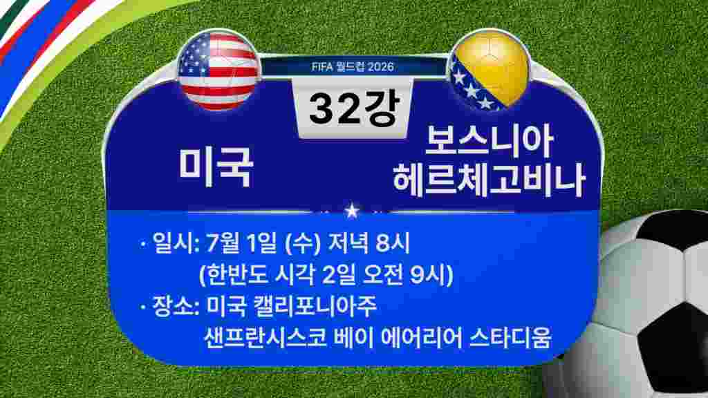 [2026 북중미 월드컵] 32강 경기 일정: 미국-보스니아 헤르체고비나