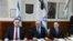 Israeli Prime Minister Benjamin Netanyahu center, Foreign Minister Israel Katz, left, and the government secretary Tzachi Braverman, attend the weekly cabinet meeting at the Prime Minister's office in Jerusalem, Nov. 10, 2019.