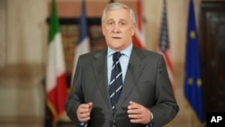 Italian Foreign Minister Antonio Tajani speaks to the media as he arrives on Jan. 9, 2025, for a meeting at Rome's Villa Madama to discuss the situation in Syria after the collapse of the Assad regime. 