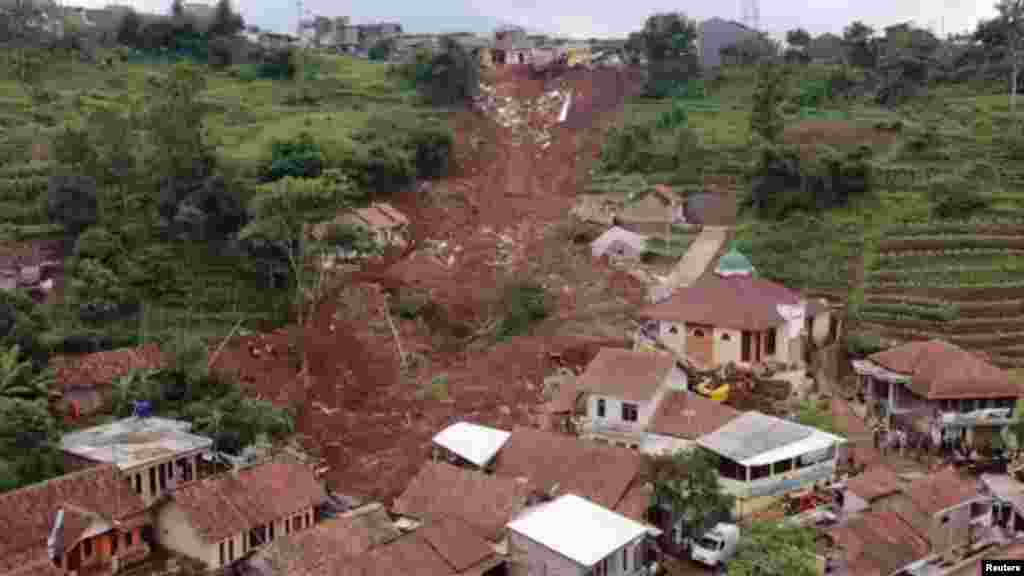 General view of a landslide in Sumedang, West Java, Indonesia, Jan. 10, 2021, in this screen grab taken from a social media video.