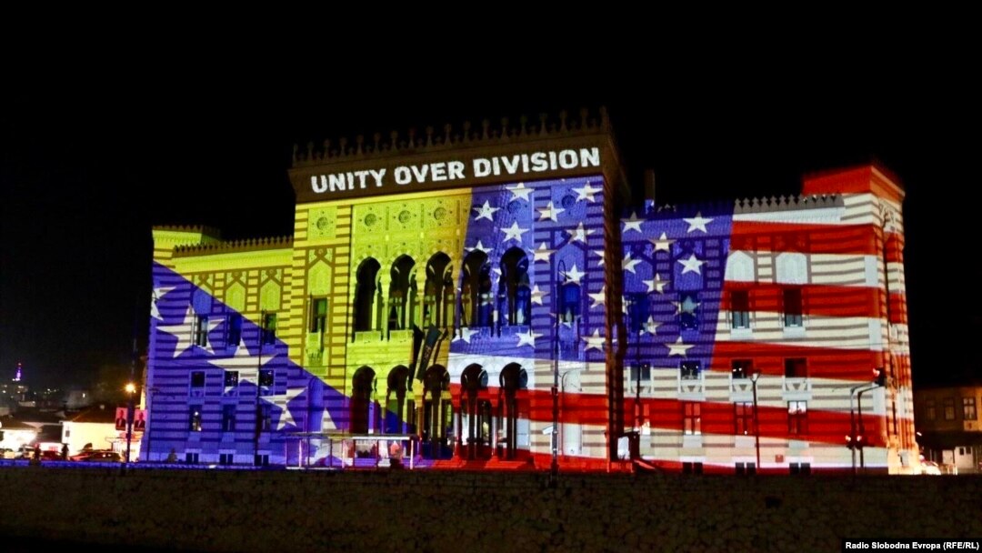 Bosnia -- Sarajevo City Hall lit up in honor of US president elected Joe Biden, November 8, 2020, Sarajevo