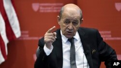 French Foreign Affairs Minister Jean-Yves Le Drian speaks at the Kennedy School of Government at Harvard University in Cambridge, Mass., Sept. 28, 2018.