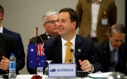 FILE - Australian Trade Minister Steven Ciobo attends the Regional Comprehensive Economic Partnership (RCEP) ministerial meeting in Hanoi, May 22, 2017.