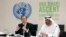 FILE: Then-UN Secretary General Ban Ki-moon (L) and United Arab Emirates (UAE) Minister of State Sultan Ahmed Al Jaber attend a news conference on climate change in Abu Dhabi. Taken May 4, 2014.