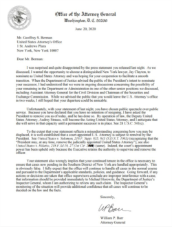 Letter from Attorney General William Barr to U.S. Attorney Geoffrey Berman, informing him of his firing by President Donald Trump.