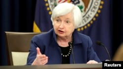 FILE - Federal Reserve Chair Janet Yellen speaks during a news conference after a two-day Federal Open Market Committee (FOMC) meeting in Washington, March 15, 2017. 