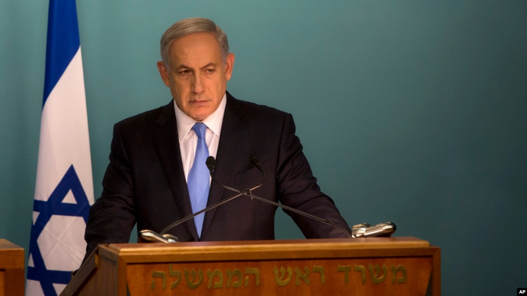 Israeli Prime Minister Benjamin in a press conference at the Prime Minister’s office in Jerusalem, Oct. 20, 2015. Netanyahu sparked uproar in Israel for suggesting that a World War II-era Palestinian leader convinced the Nazis to adopt their Final Solution to exterminate European Jews.