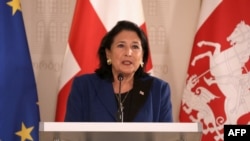 Georgia's President Salome Zourabichvili talks to reporters in Tbilisi, Oct. 30, 2024. Zourabichvili said she challenged prosecutors' summons for questioning over her allegation of fraud at this weekend's vote. (Georgian Presidential Press Service)