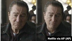 These photos show actor Robert De Niro, left, during the filming of "The Irishman" and the younger De Niro created by visual effects expert Pablo Helman.