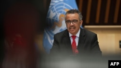 WHO Director-General Tedros Adhanom Ghebreyesus attends the 147th session of the WHO Executive Board held virtually by videoconference, amid the COVID-19 pandemic, May 22, 2020, in this image provided by the World Health Organization in Geneva.