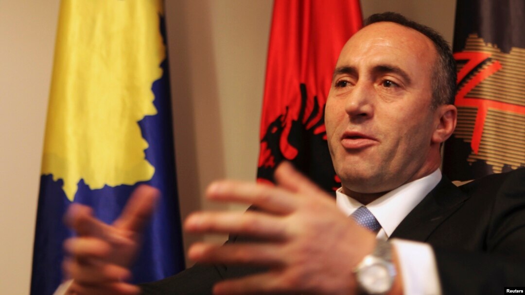 FILE - President of the Alliance for the Future of Kosovo (AAK) Ramush Haradinaj, a Kosovo Albanian former guerilla commander who served briefly as prime minister, speaks during an interview with Reuters at the AAK headquarters in Pristina, Dec. 4, 2012.