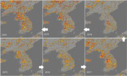 미국 국립해양대기청(NOAA)의 가뭄지수 지도의 2015~2020년 6월 마지막 주 상황 비교. 2020년이 가장 심각하다는 것을 알 수 있다.