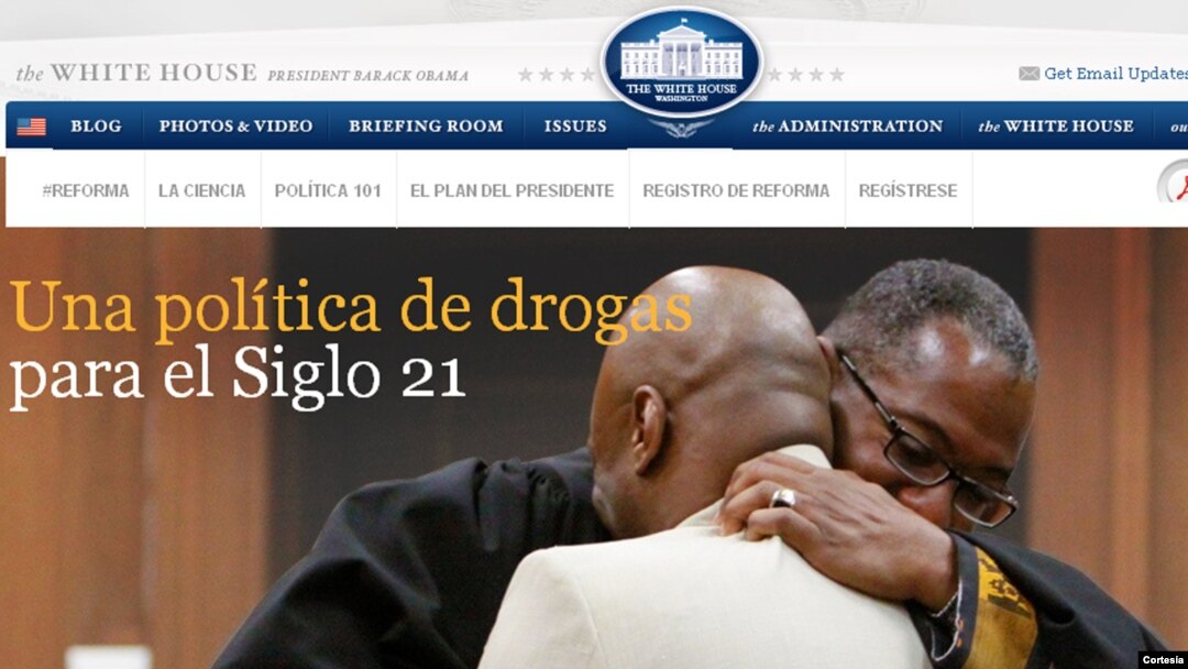 Situs web berbahasa Spanyol yang diluncurkan era Presiden Obama yang menyoroti Rencana Reformasi Kebijakan mantan Presiden Obama terkait Narkotika.