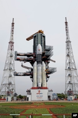 This July 2019, photo released by the Indian Space Research Organization shows its Geosynchronous Satellite Launch Vehicle MkIII-M1 being prepared for its July 15 launch in Sriharikota, an island off India's southeastern coast.