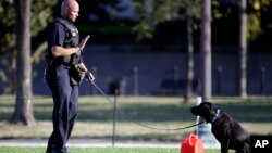 一名火警調查員和一隻警犬在華盛頓國家大草坪的自焚現場調查。消防官員說，自焚受傷的男子被直升機送往醫院。