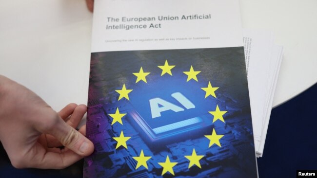 FILE - A copy of "The European Union Artificial Intelligence (AI) Act" on display during the AI & Big Data Expo 2025 at the Olympia, in London, Britain, February 5, 2025. REUTERS/Isabel Infantes