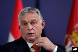 FILE - Hungarian Prime Minister Viktor Orban, shown here at a meeting in Belgrade, Serbia, on Nov. 16, 2022, accused Ukraine of “Hungarophobia” when, in 2017, Kyiv passed a law making the Ukrainian language compulsory in most aspects of public life.