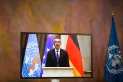 Director General of the World Health Organization Tedros Adhanom Ghebreyesus attends a virtual joint news conference with German President Frank-Walter Steinmeier at Bellevue Palace in Berlin, Germany, Monday, Feb. 22, 2021. (AP Photo/Markus…