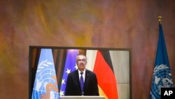 Director General of the World Health Organization Tedros Adhanom Ghebreyesus attends a virtual joint news conference with German President Frank-Walter Steinmeier at Bellevue Palace in Berlin, Germany, Feb. 22, 2021.