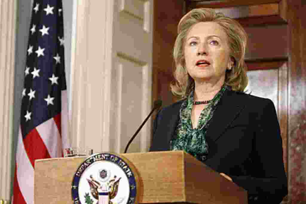 Secretary of State Hillary Clinton makes a statement regarding the death of Osama bin Laden, May 2, 2011, at the State Department in Washington