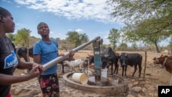 Warga desa Mudzi, Zimbabwe, tampak memompa air saat kekeringan melanda wilayah tersebut pada 2 Juli 2024. (Foto: AP/Aaron Ufumeli)