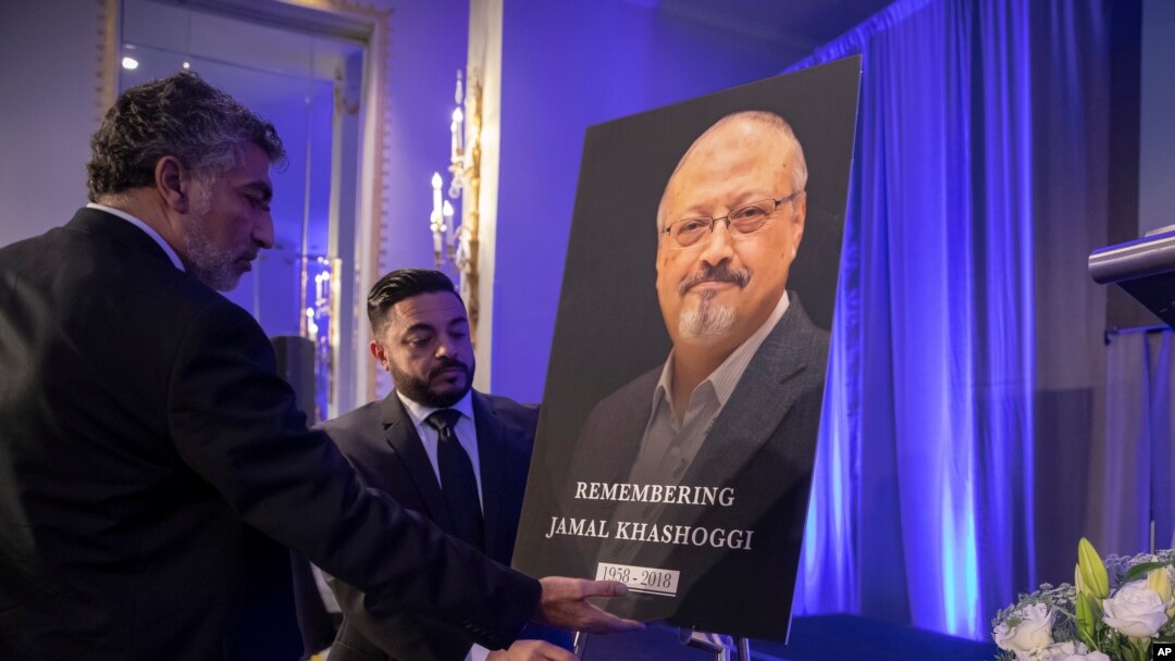 FILE - An image of slain Saudi journalist Jamal Khashoggi is set up before an event at which the Washington Post columnist was remembered, in Washington, Nov. 2, 2018.