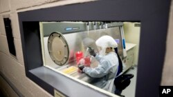 Seorang teknisi laboratorium sedang bersiap meneliti pengobatan virus corona di Komando Riset dan Pengembangan Medis Angkatan Darat Amerika di Fort Detrick, Frederick, 19 Maret 2020. (Foto: AP)