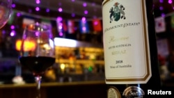 FILE - A bottle of Australian wine is pictured at the Ossie Bar and Restaurant, in Beijing, China, Aug. 18, 2020. 