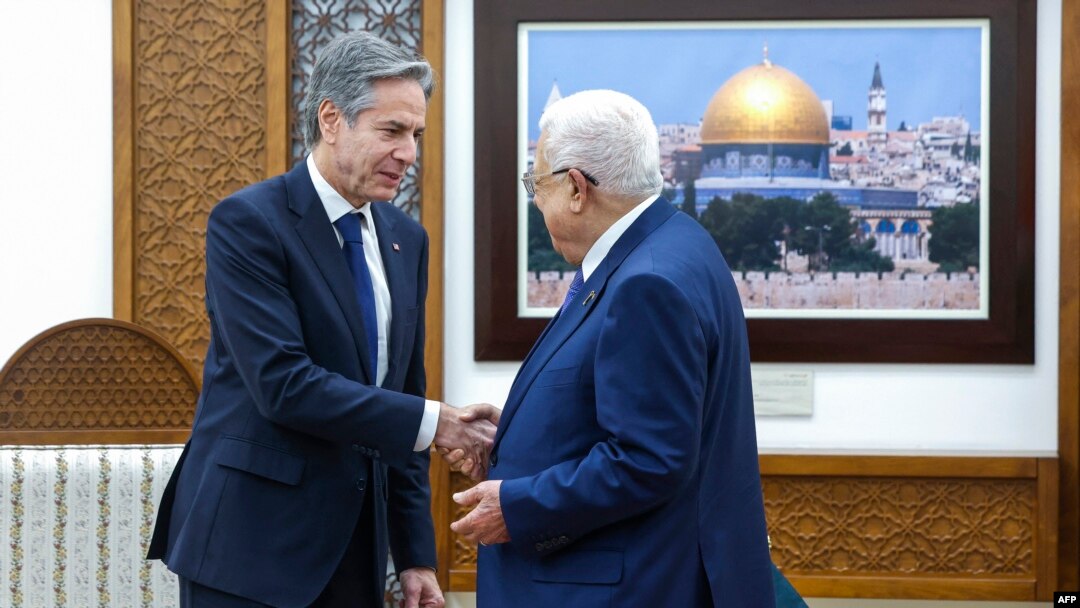 US Secretary of State Antony Blinken (L) meets with Palestinian president Mahmud Abbas, during his week-long trip aimed at calming tensions across the Middle East, in the Muqata'a, in Ramallah in the Israeli-occupied West Bank on January 10, 2024.